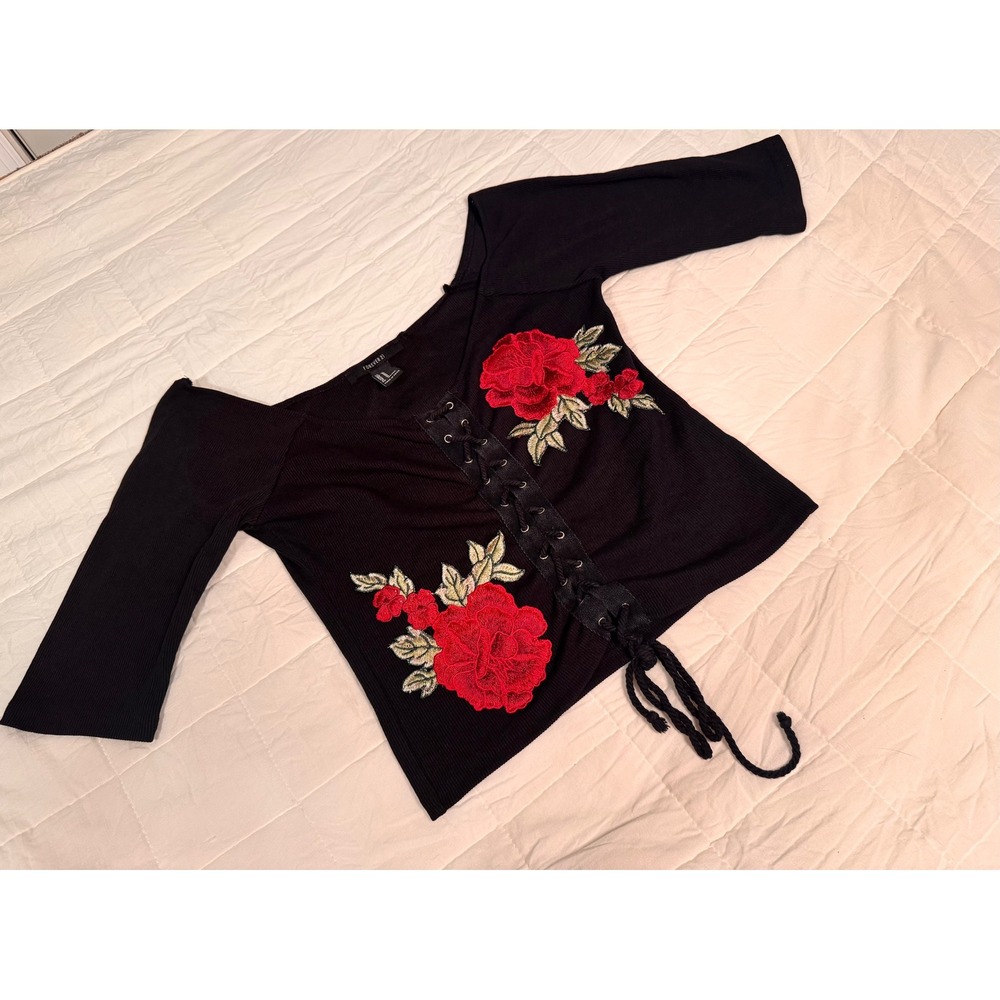 Forever 21 Top Medium Black Floral Embroidered Lace Up Corset 3/4 Sleeve Shirt‎